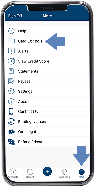 "More" and  "Card Controls" on the Tri City mobile app